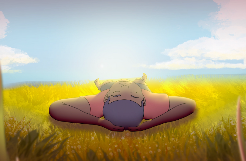 Animated character from the film A Cow in the Sky lying on a cloud in a grassy field with a blue sky.